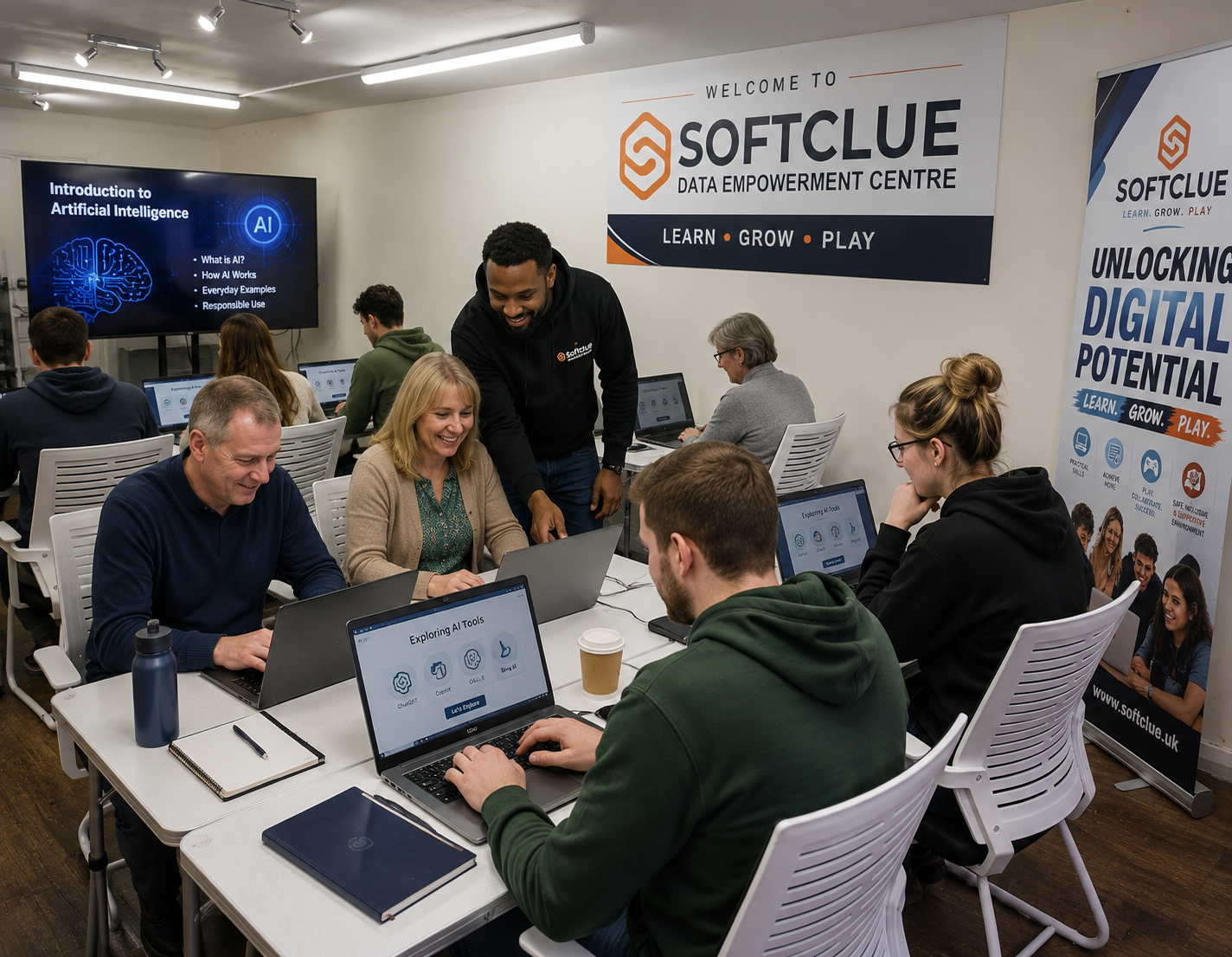 Participants at the Softclue Data Empowerment Centre exploring AI tools together on laptops